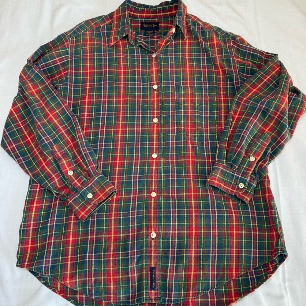 Vintage Abercrombie Flannel Men’s M Navy Green Red Plaid Y2K Cotton Field Meadow - Picture 2 of 7